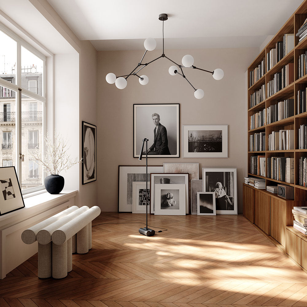 Modern living room Drop Chandelier Bulp, Hiro Bench, snake floor lamp and Sunao vase 