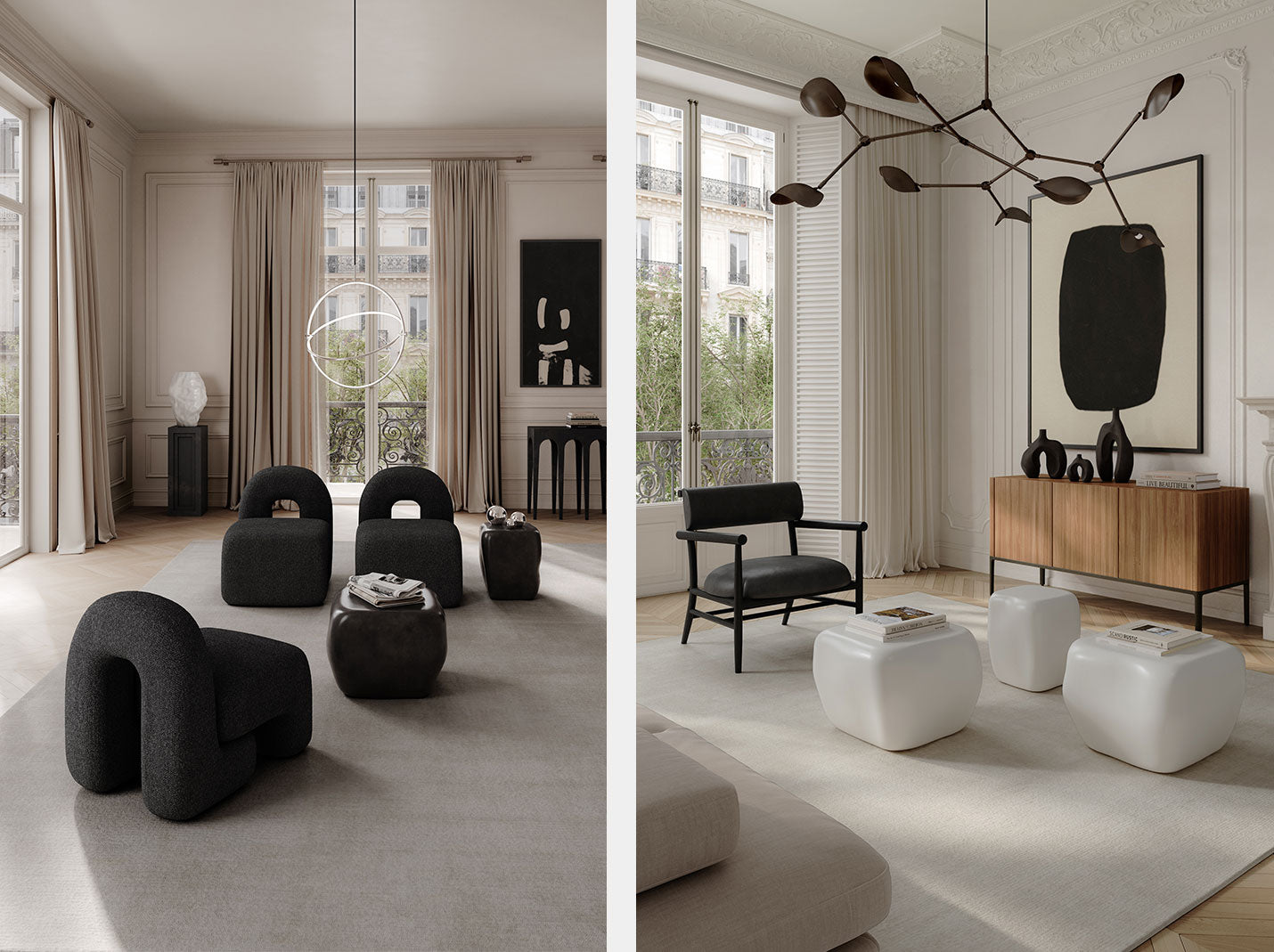 Two 101 Copenhagen styled living rooms with High glazed Ceramic Ishi coffee tables in Coffee and birch