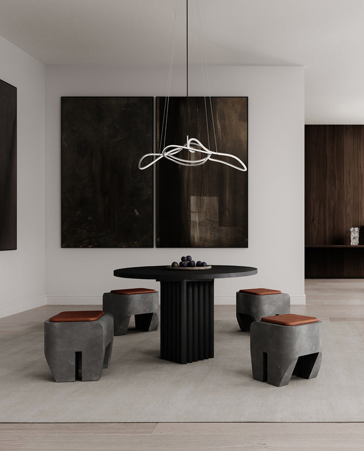 101 Copenhagen Arc Dining table sculpt, ghost chandelier and kami vase