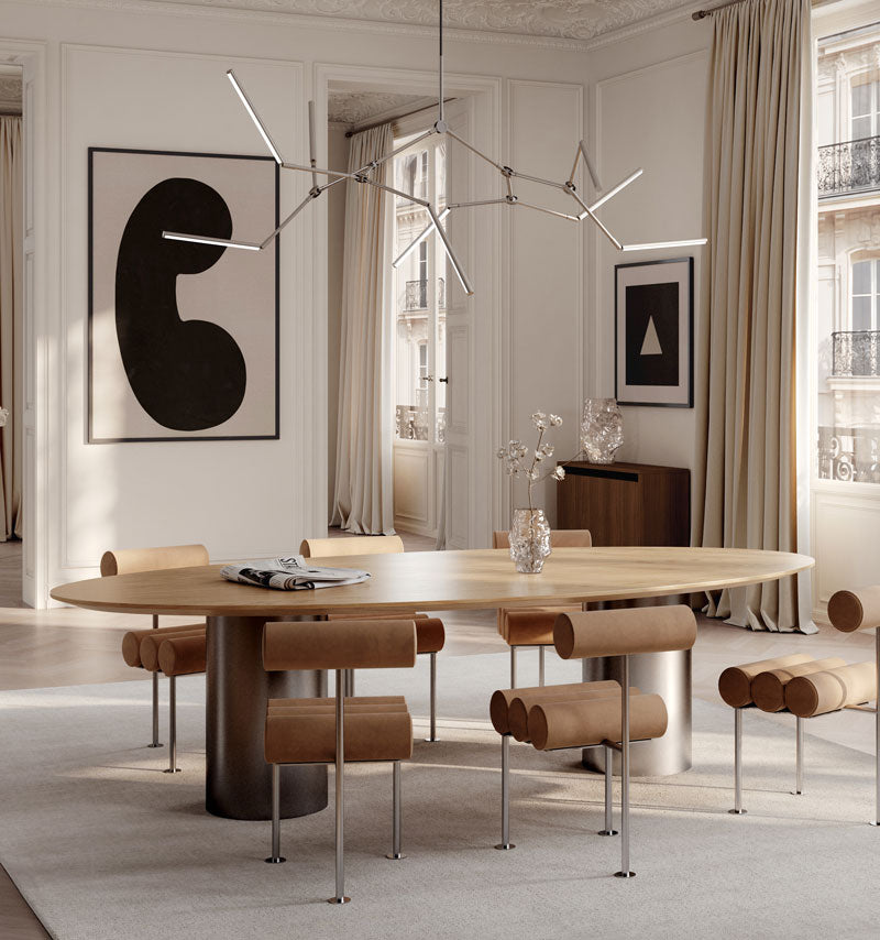 101 Copenhagen Dining room, with Stick chandelier, Hiro dinning chairs and Katachi glass vases