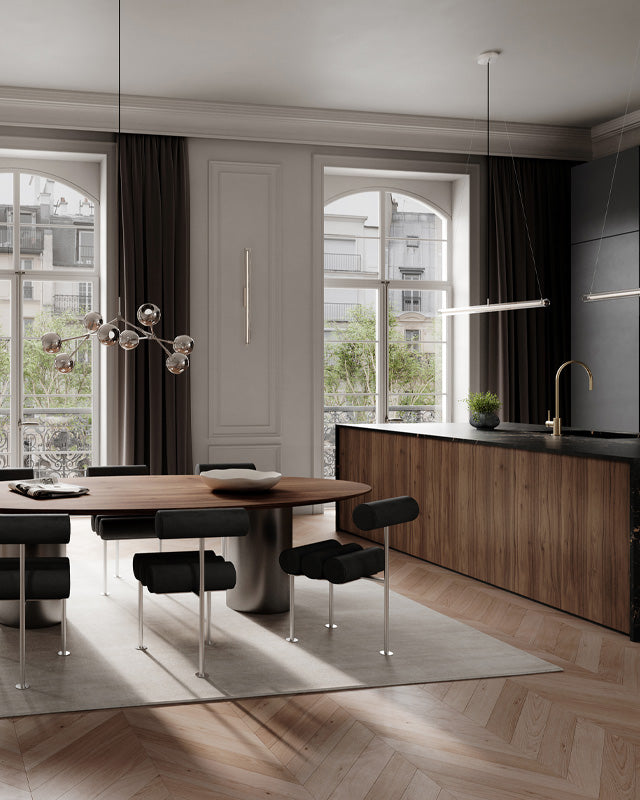 Kitchen with Drop globe Chandeliers, Frame pendants and wall lamps, Hiro dining chairs, Arket plant pot and Native Bowl