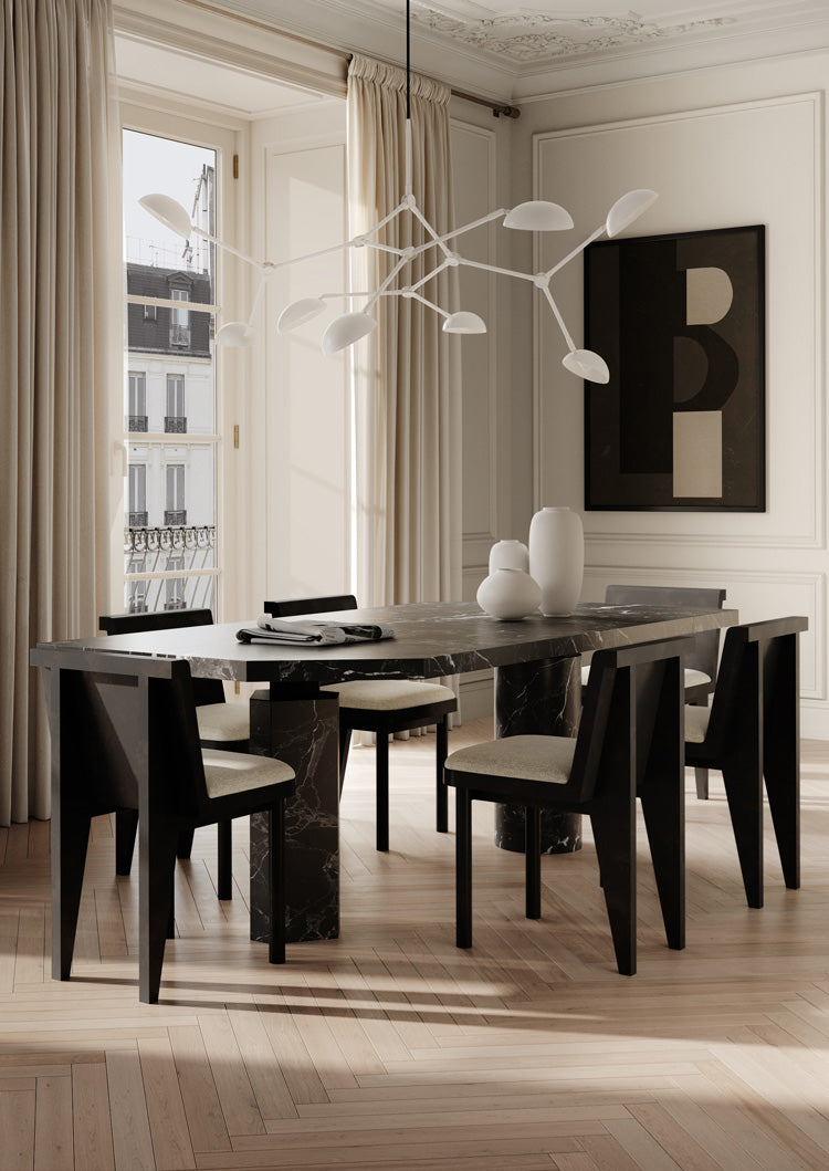 101 Copenhagen Dining room with Slim Brutus chairs with Makura cushion, A stingray Chandelier in white and with Sunao vases