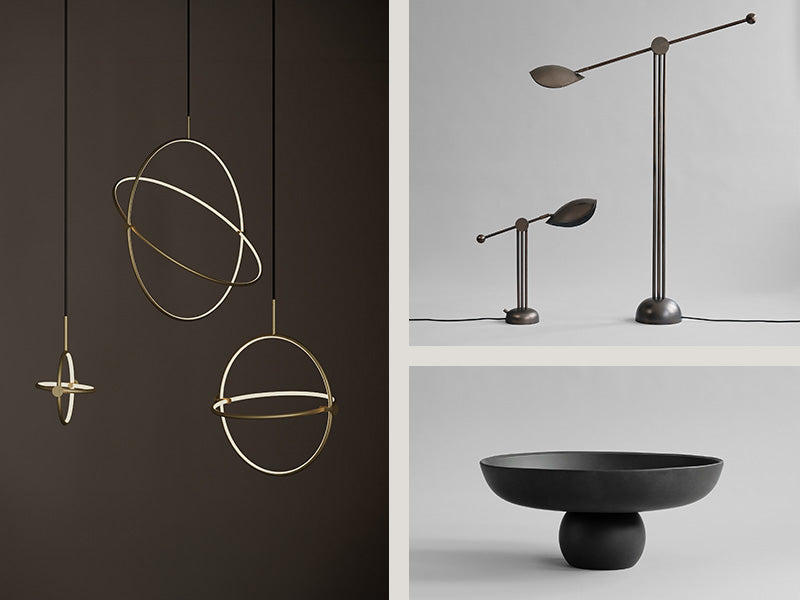 Collage of modern lighting fixtures including Maru pendant lights and a Baburu bowl and Stingray Floor and table lamps