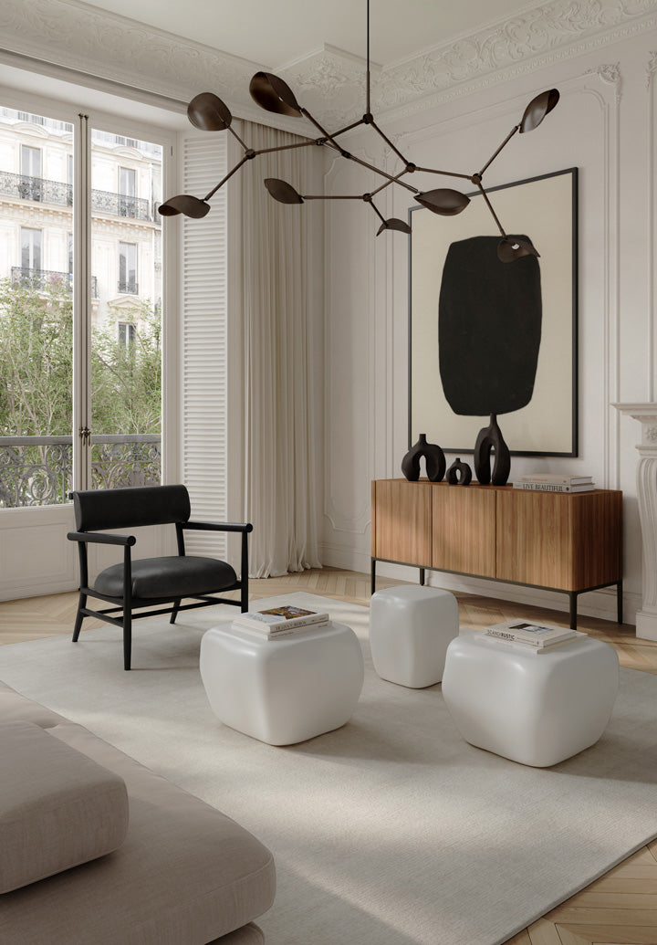 101 Copenhagen Nama lounge chair, Stingray Chandelier, Ni Vases and Ishi coffee tables