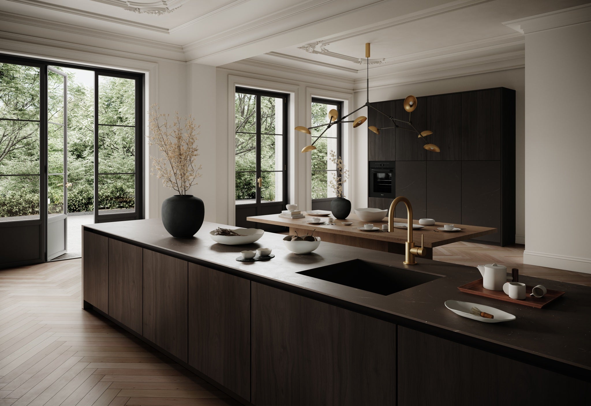 101 Copenhagen Kitchen setting with Native bowls, cups, teapot and trays, Sunao vase and Drop chandelier