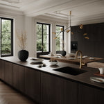 101 Copenhagen Kitchen setting with Native bowls, cups, teapot and trays, Sunao vase and Drop chandelier