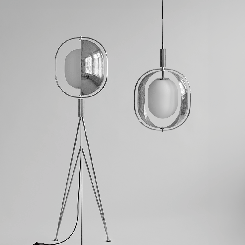 A Pearl floor lamp and Pearl pendant lamp with movable screen