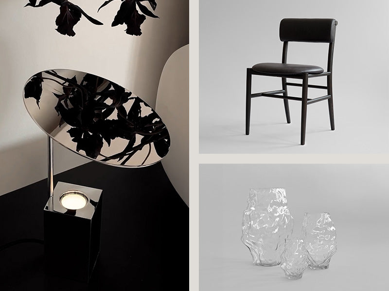 Collage of a modern Reflect lamp, Nama dining chair, and glass Katachi vases on a neutral background