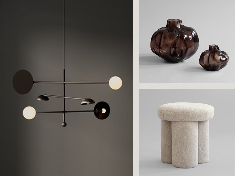 Sahn chandelier, Wabi vases and Big foot stool in sheepskin