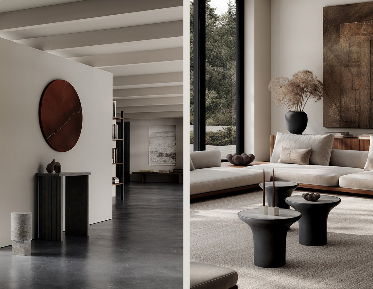 Silver Travertine table tops on Arc console and Trumpet tables