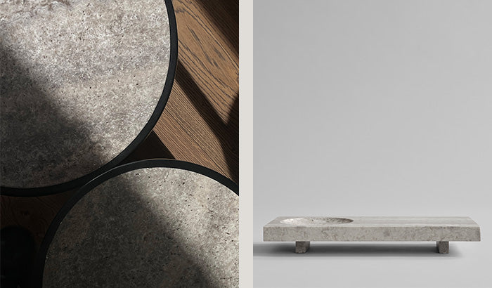 Trumpet tables and Oka tray in silver travertine