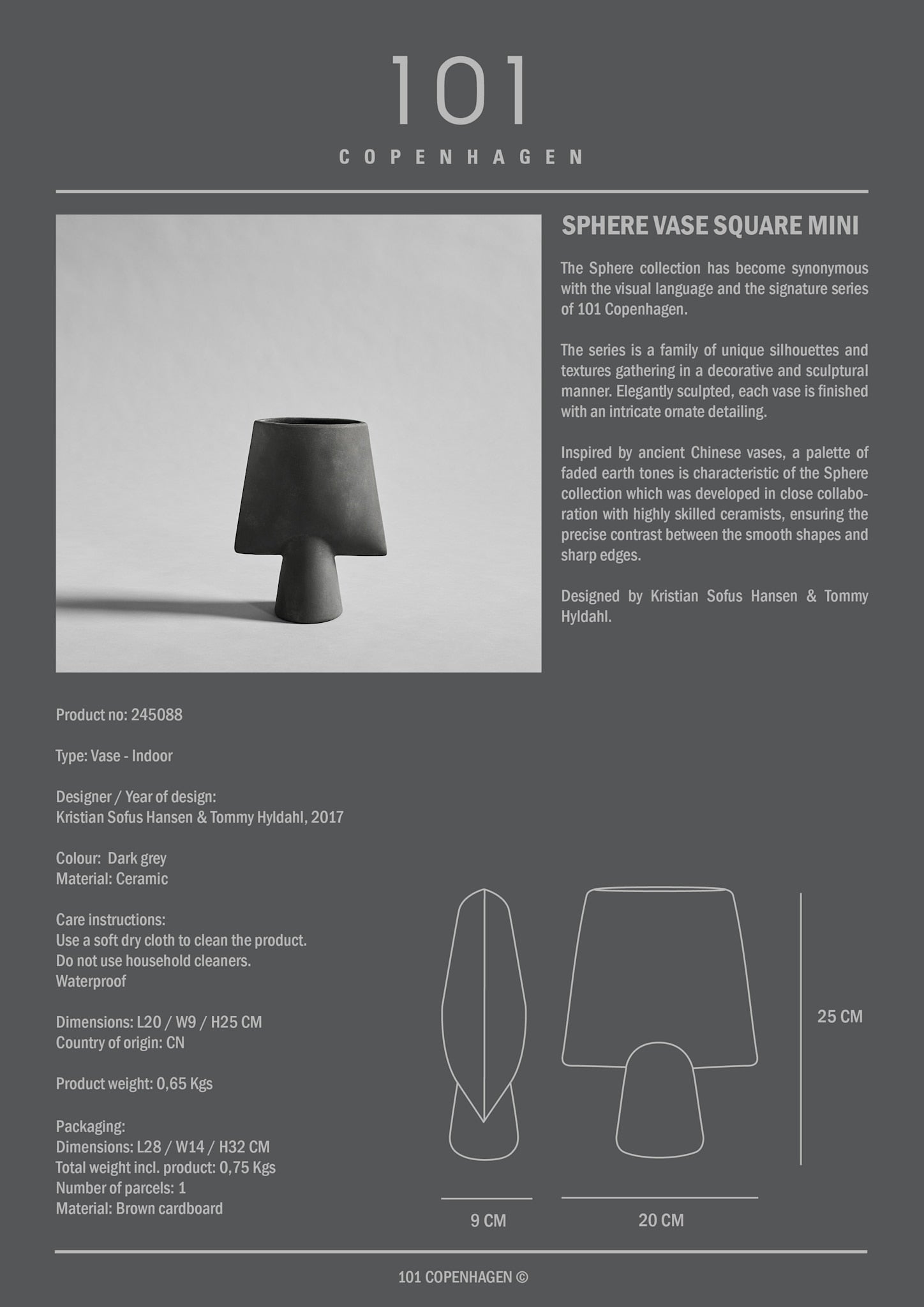 101 Copenhagen - Sphere Vase Square, Mini - Dark Grey - Vase