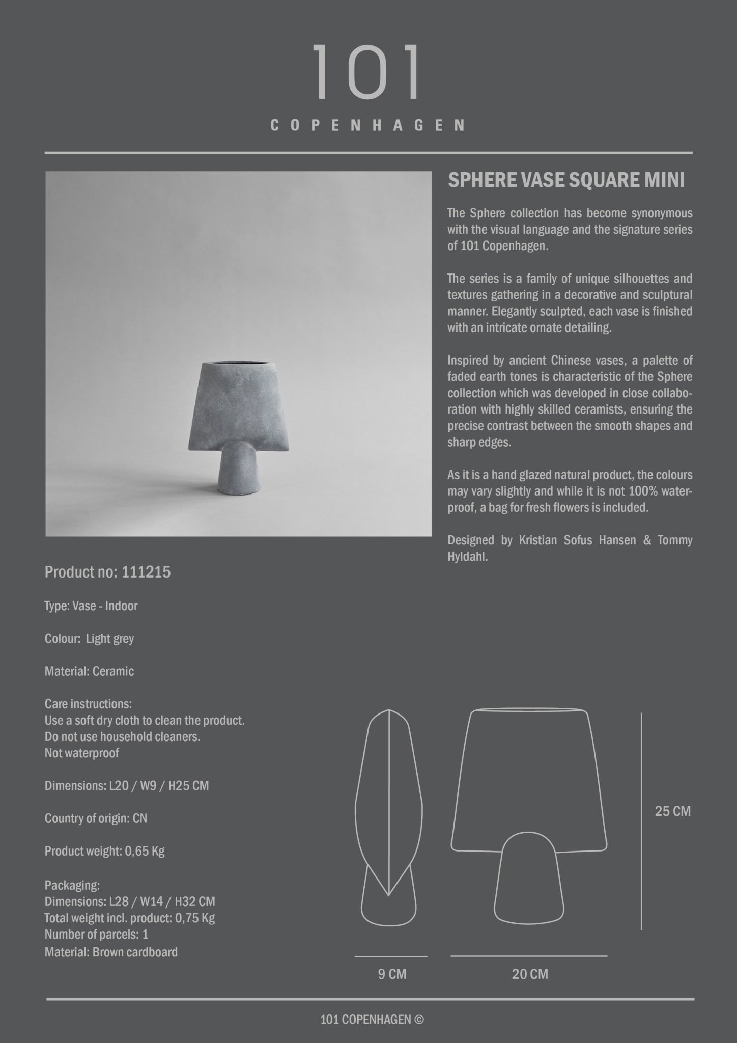 101 Copenhagen - Sphere Vase Square, Mini - Light Grey - Archive