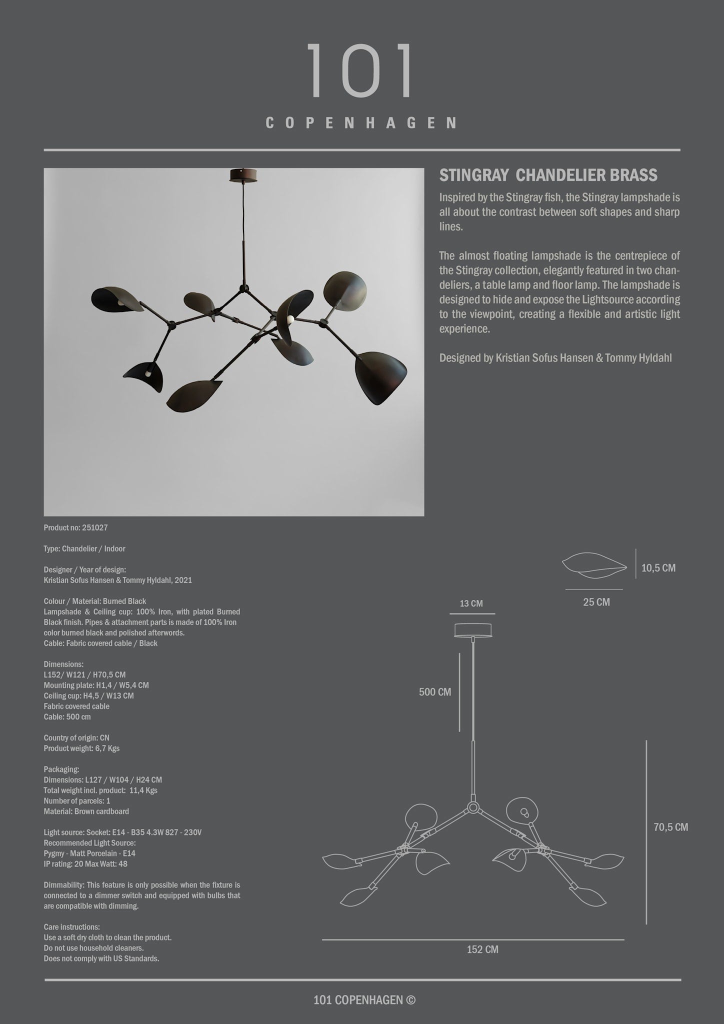 101 Copenhagen - Stingray Chandelier - Burned Black (5m) - Chandelier