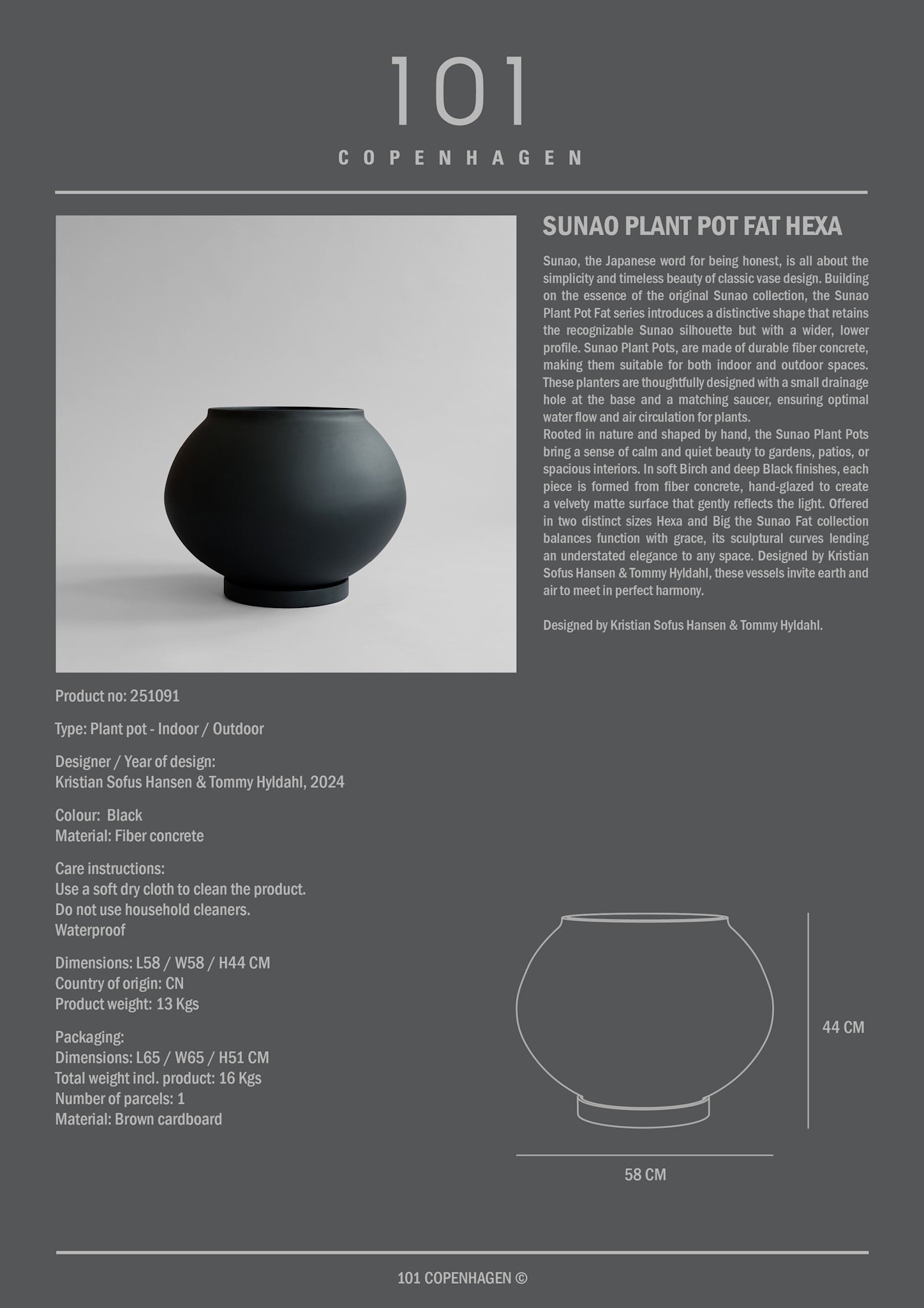 101 Copenhagen - Sunao Plant Pot Fat, Hexa - Black - Outdoor