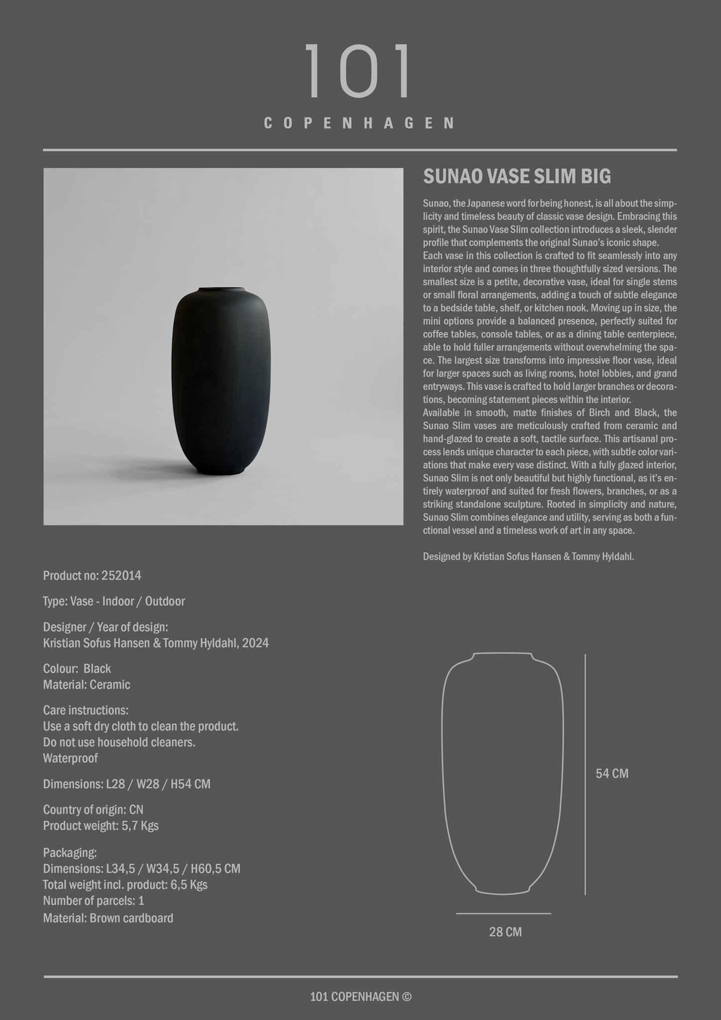 101 Copenhagen - Sunao Vase Slim, Big - Black - Vase