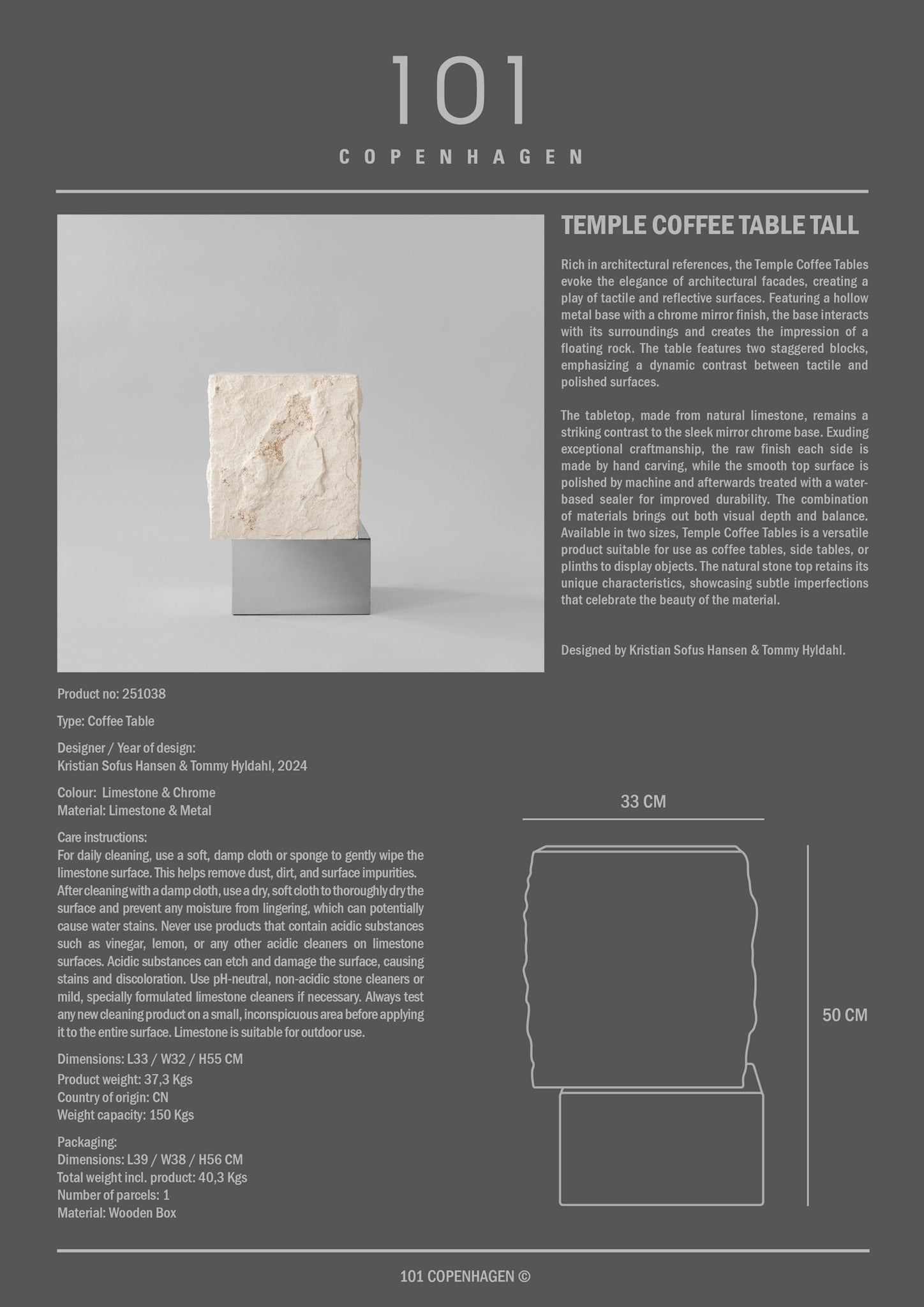101 Copenhagen - Temple Coffee Table, Tall - Chrome / Limestone - Table