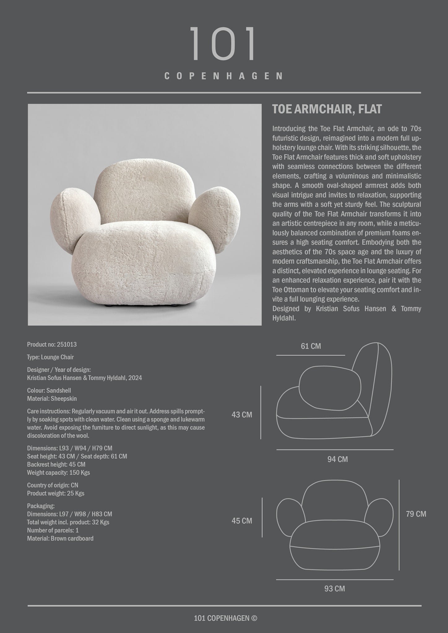 101 Copenhagen - Toe Armchair, Flat - Sandshell (Sheepskin) - Armchair