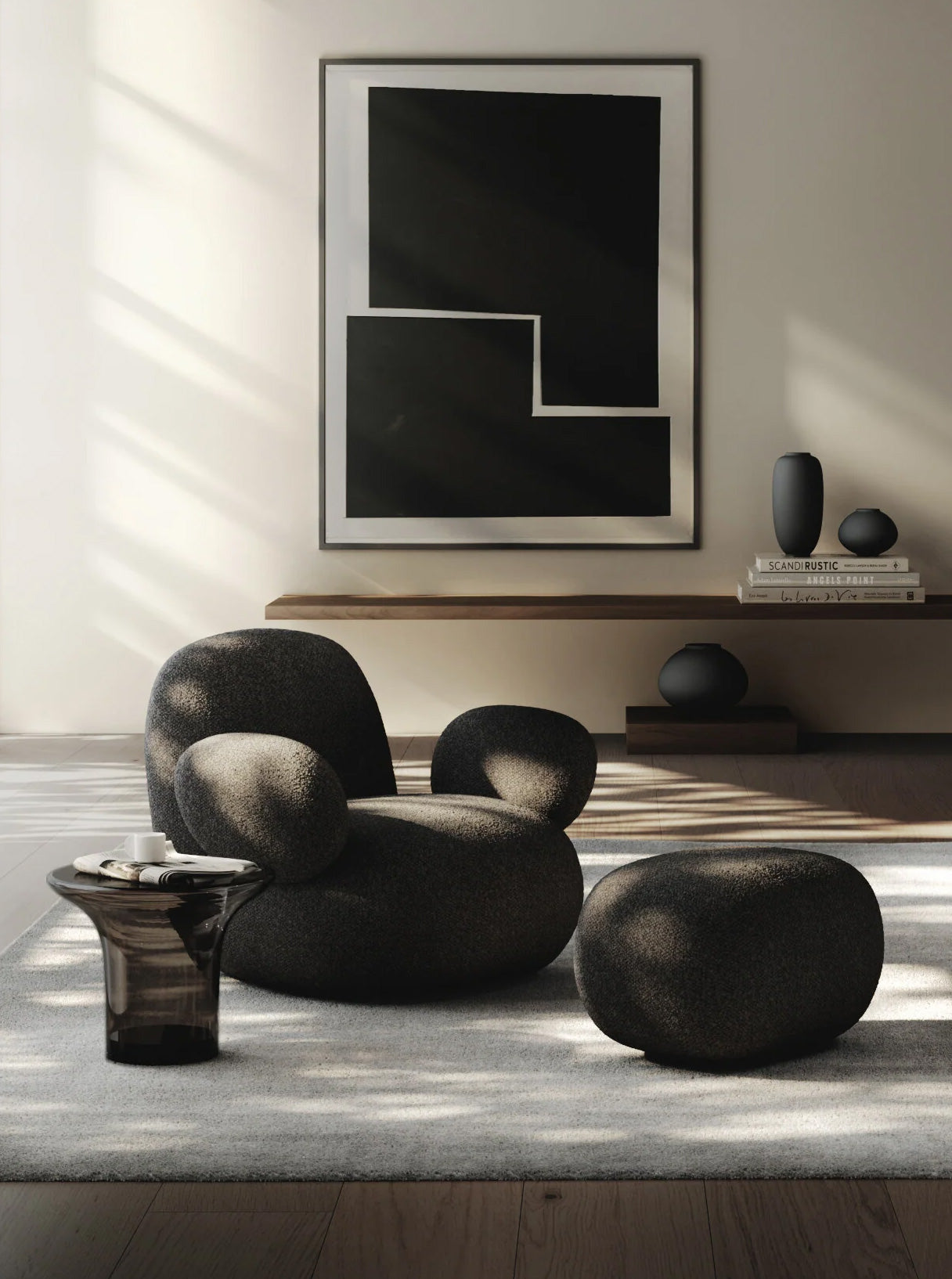 Toe Chair and Ottoman, trumpet tables and Sunao vases