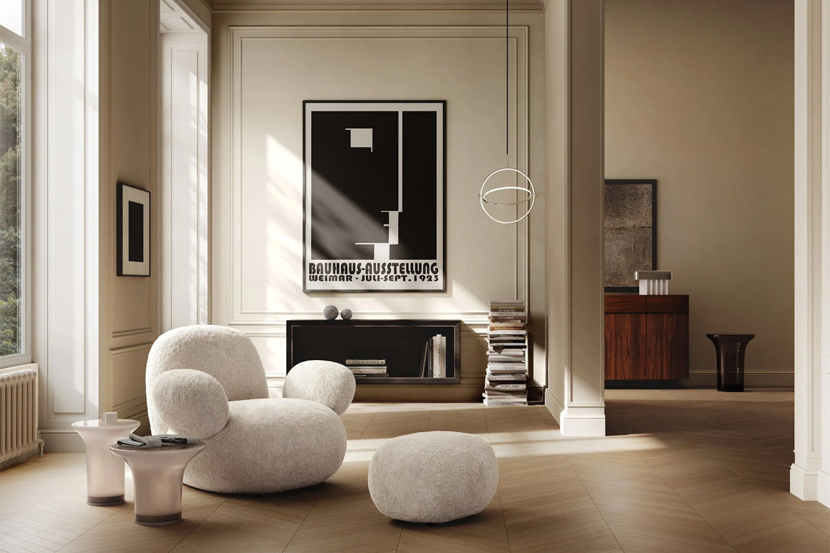 101 Copenhagen Toe Flat Armchair and Ottoman in luxurious Australian sheepskin Maru pendants, Trumpet tables in glass, Enkei jars and Portable Beetle lamp