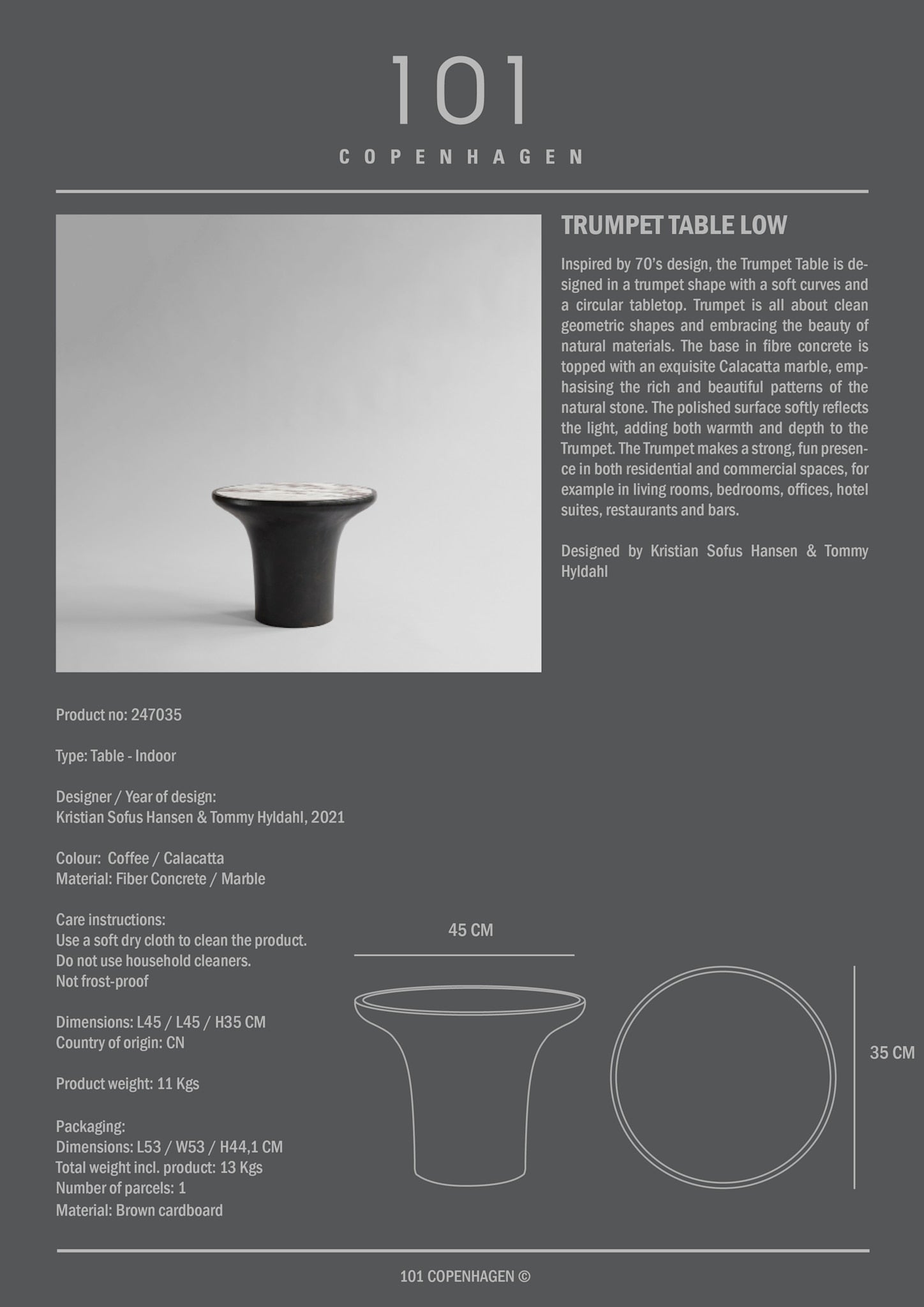 101 Copenhagen - Trumpet Table, Low - Calacatta - Coffee or Side Table