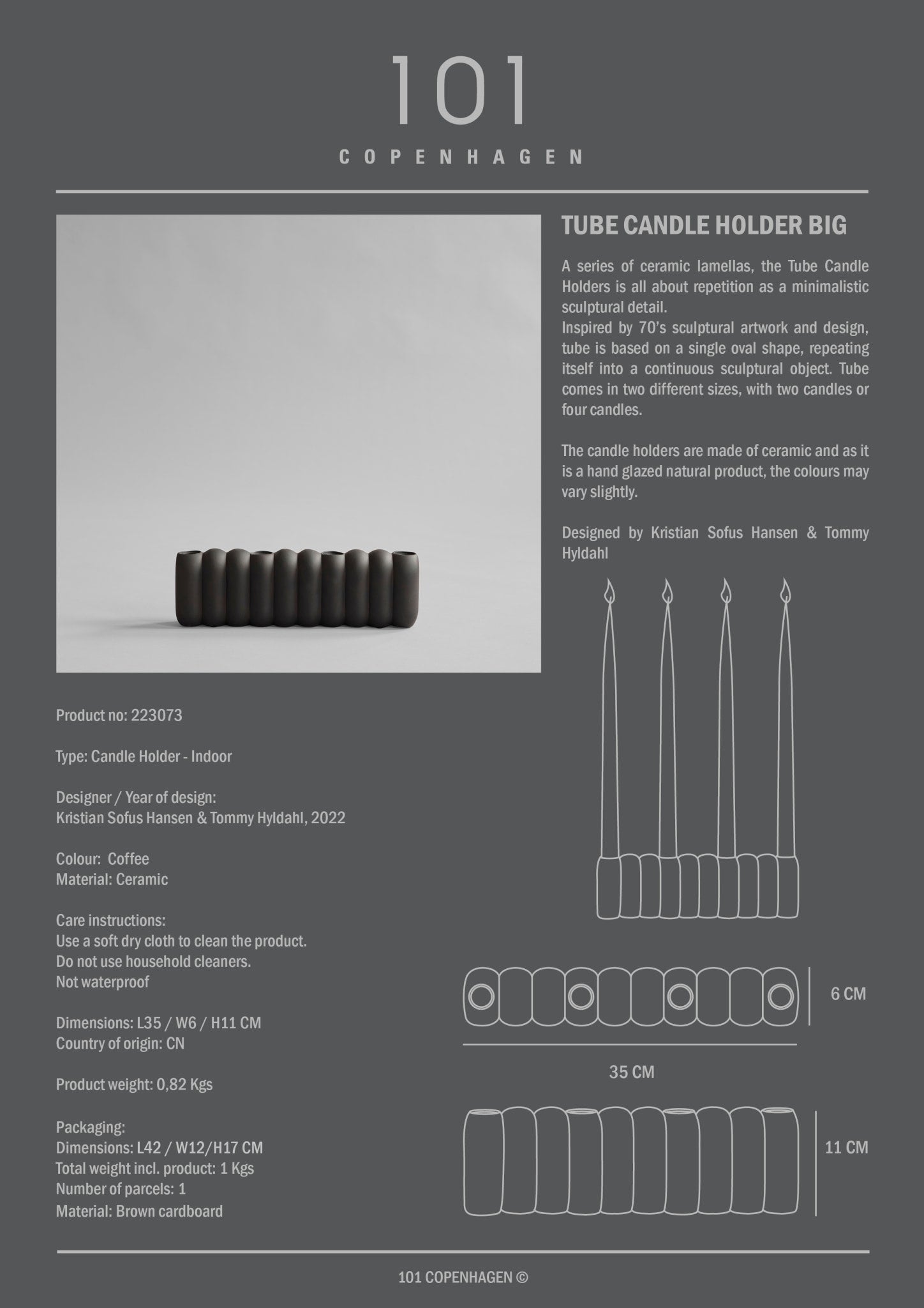 101 Copenhagen - Tube Candle Holder, Big - Coffee - Candle Holders