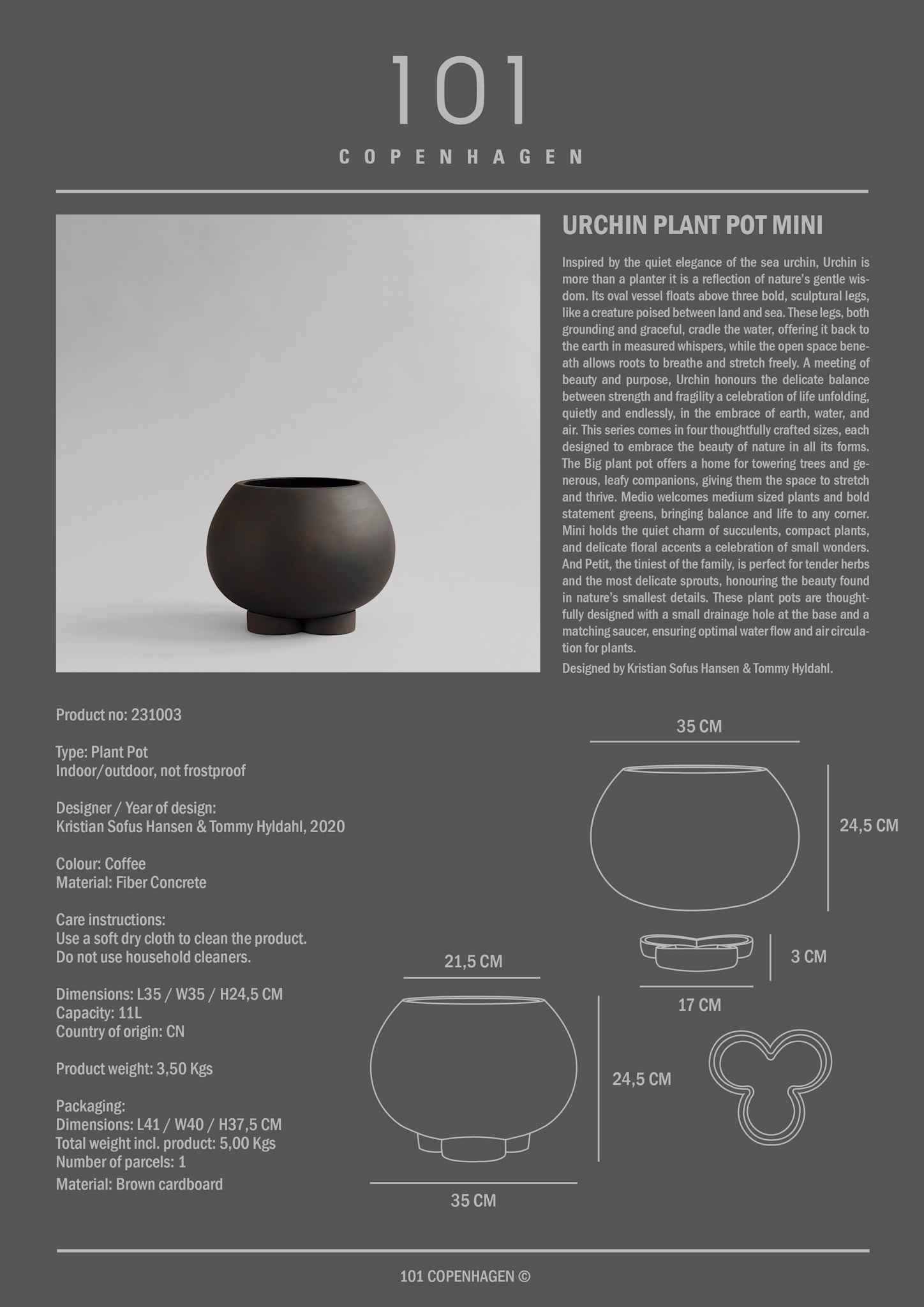 101 Copenhagen - Urchin Plant Pot, Mini - Coffee - Outdoor