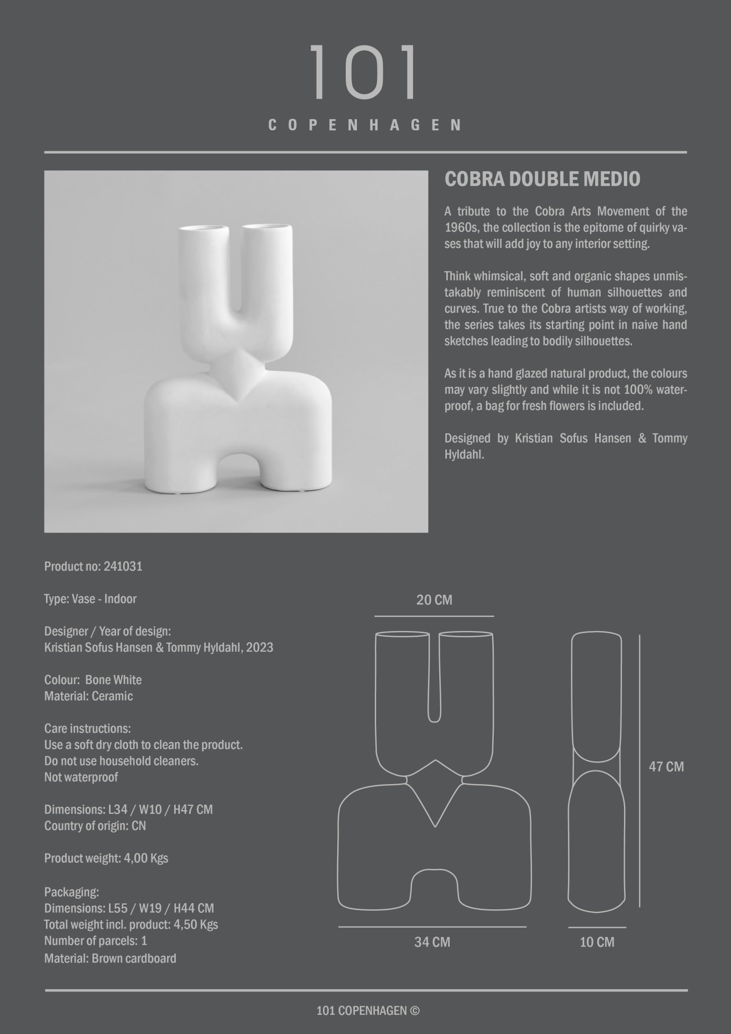 Cobra Vase Double, Medio - Bone White - 101 Copenhagen