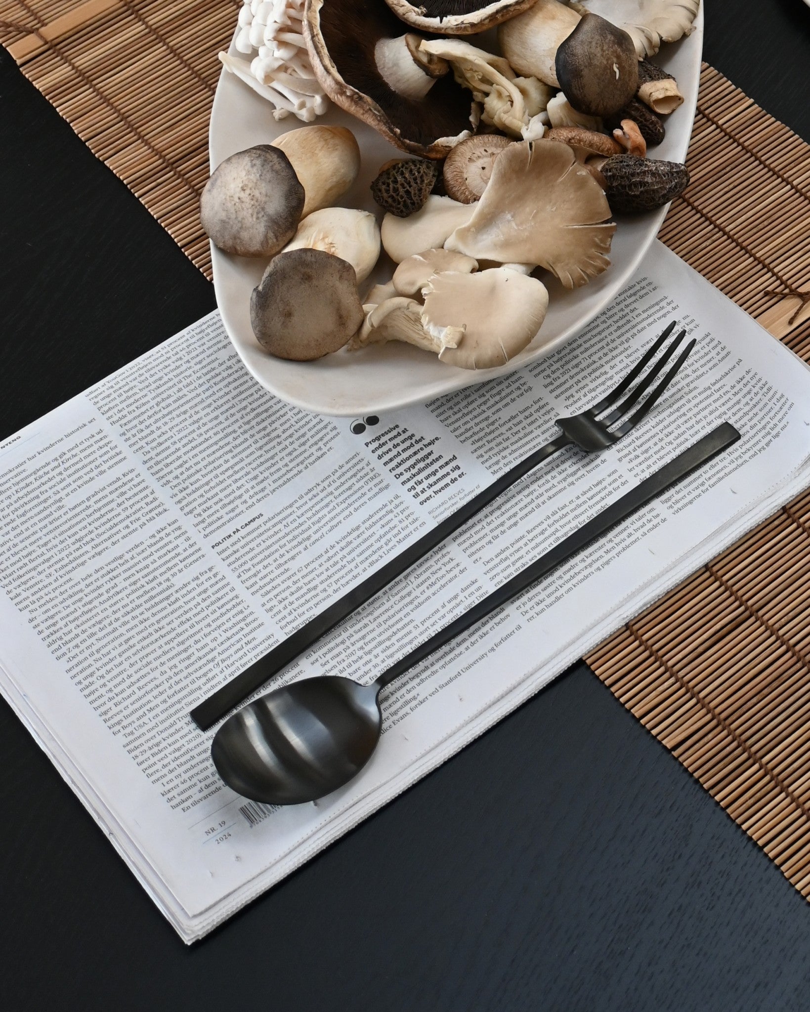 101 Copenhagen Kogei Salad Servers - Black by Mushrooms and Native tray